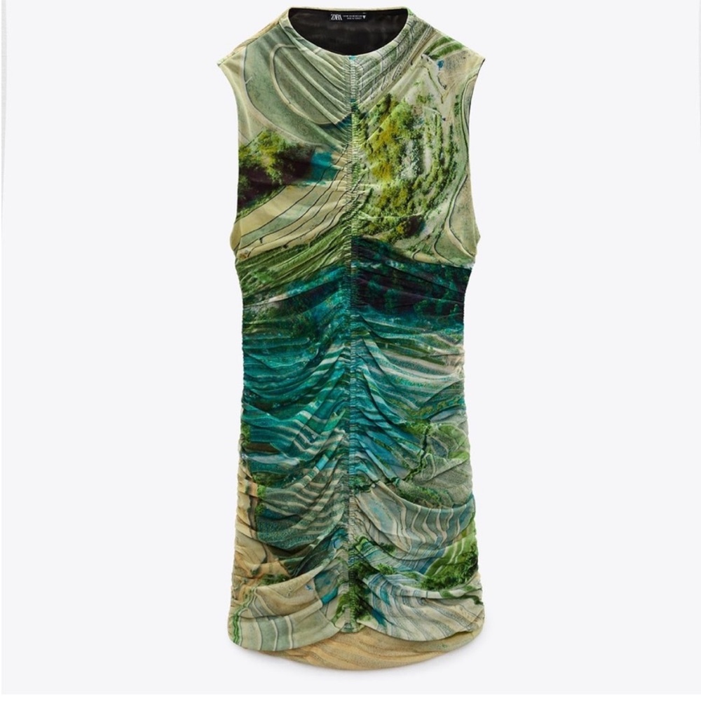 Zara Green & Teal Ruched Mini Dress